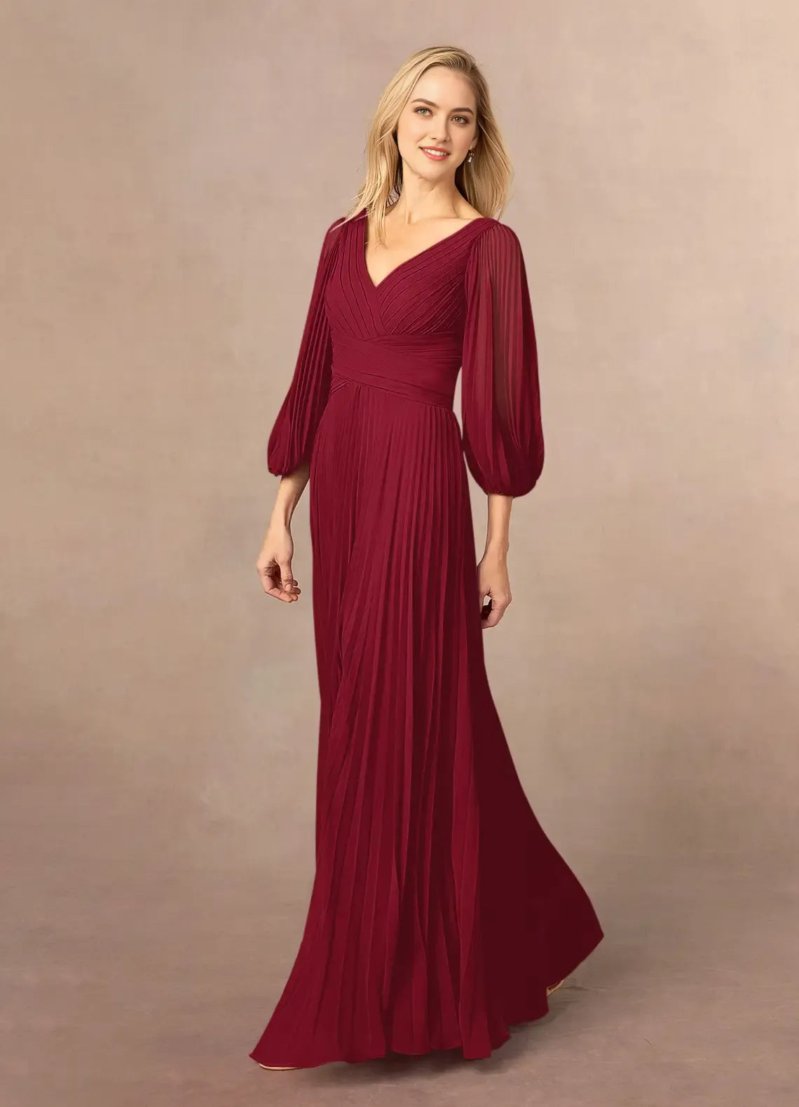 Elegant Burgundy A-Line V-Neck Pleated Chiffon Mother of the Bride Dress Plunging Sheer Lantern Sleeves Pleated Bodice  Side Slit Maxi Skirt