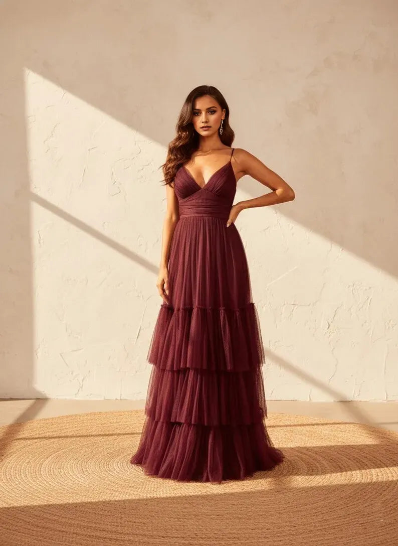 Elegant Burgundy A-Line V-Neck Spaghetti Straps Back Zip Tiered Ruffled Tulle Floor-Length  Prom Dress