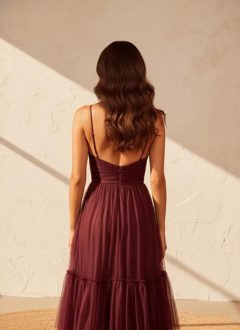 Elegant Burgundy A-Line V-Neck Spaghetti Straps Back Zip Tiered Ruffled Tulle Floor-Length  Prom Dress