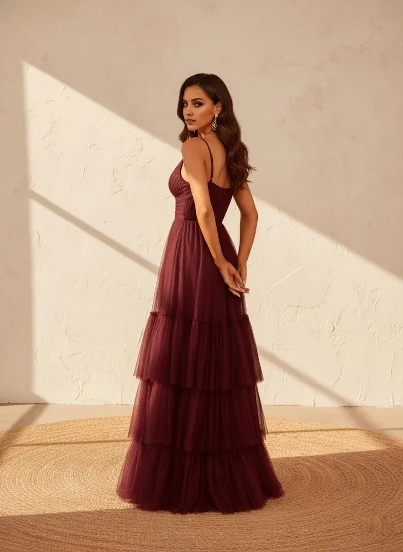Elegant Burgundy A-Line V-Neck Spaghetti Straps Back Zip Tiered Ruffled Tulle Floor-Length  Prom Dress