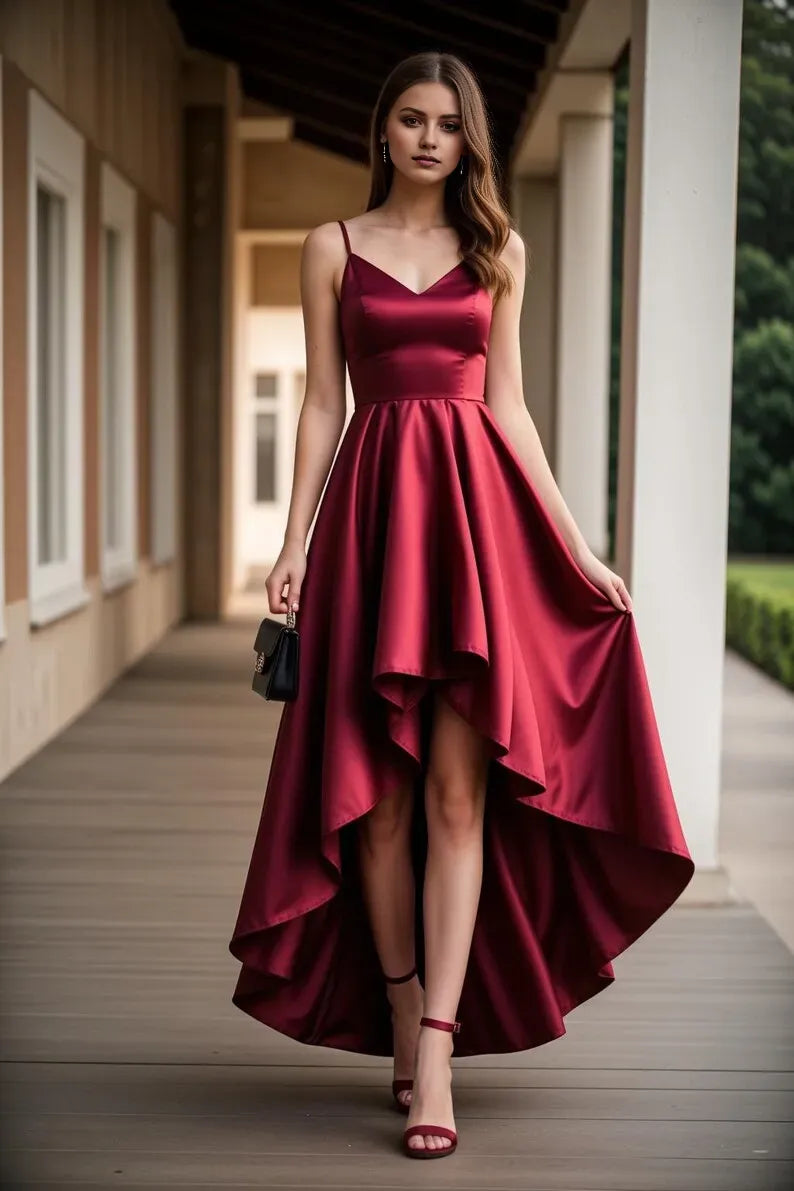 Elegant Burgundy A-Line V-Neck Spaghetti Straps Lace Up High-Low Satin Prom Dress for sale