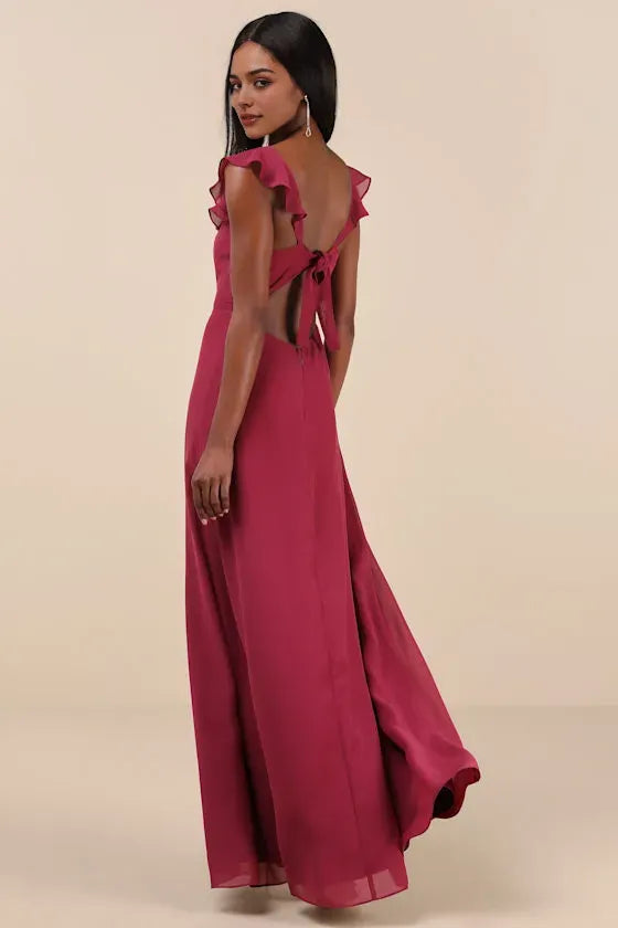 Elegant Burgundy Chiffon Evening Dresses with Ruffled Sweetheart Neckline and High Side Slit  Command Attention at