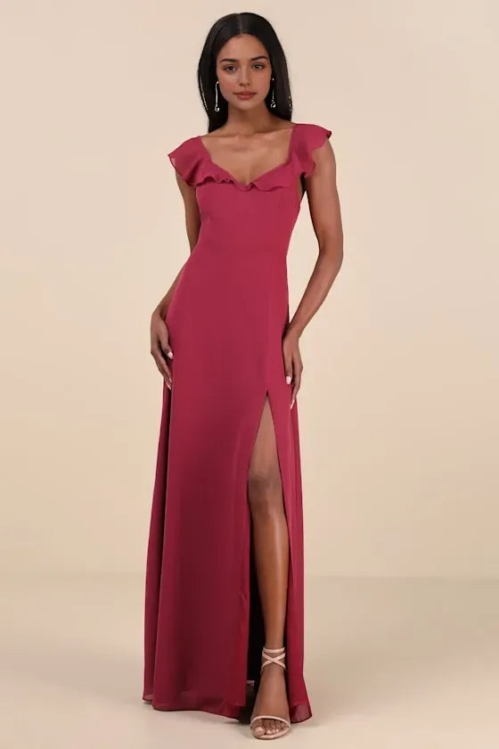 Elegant Burgundy Chiffon Evening Dresses with Ruffled Sweetheart Neckline and High Side Slit  Command Attention at