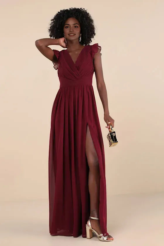 Elegant Burgundy Chiffon Prom Dress with Ruffled Flutter Sleeves Surplice V Neckline Empire Waist, and High Thigh Side Slit for Formal Occasions