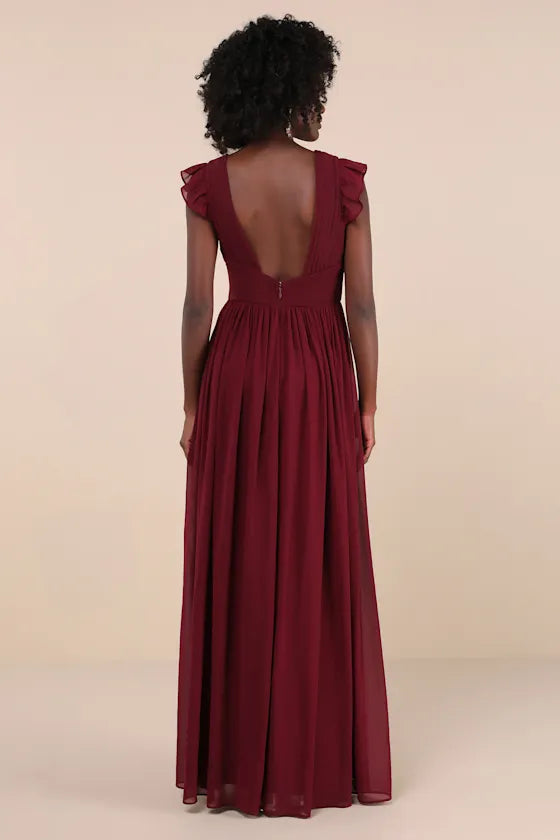 Elegant Burgundy Chiffon Prom Dress with Ruffled Flutter Sleeves Surplice V Neckline Empire Waist, and High Thigh Side Slit for Formal Occasions