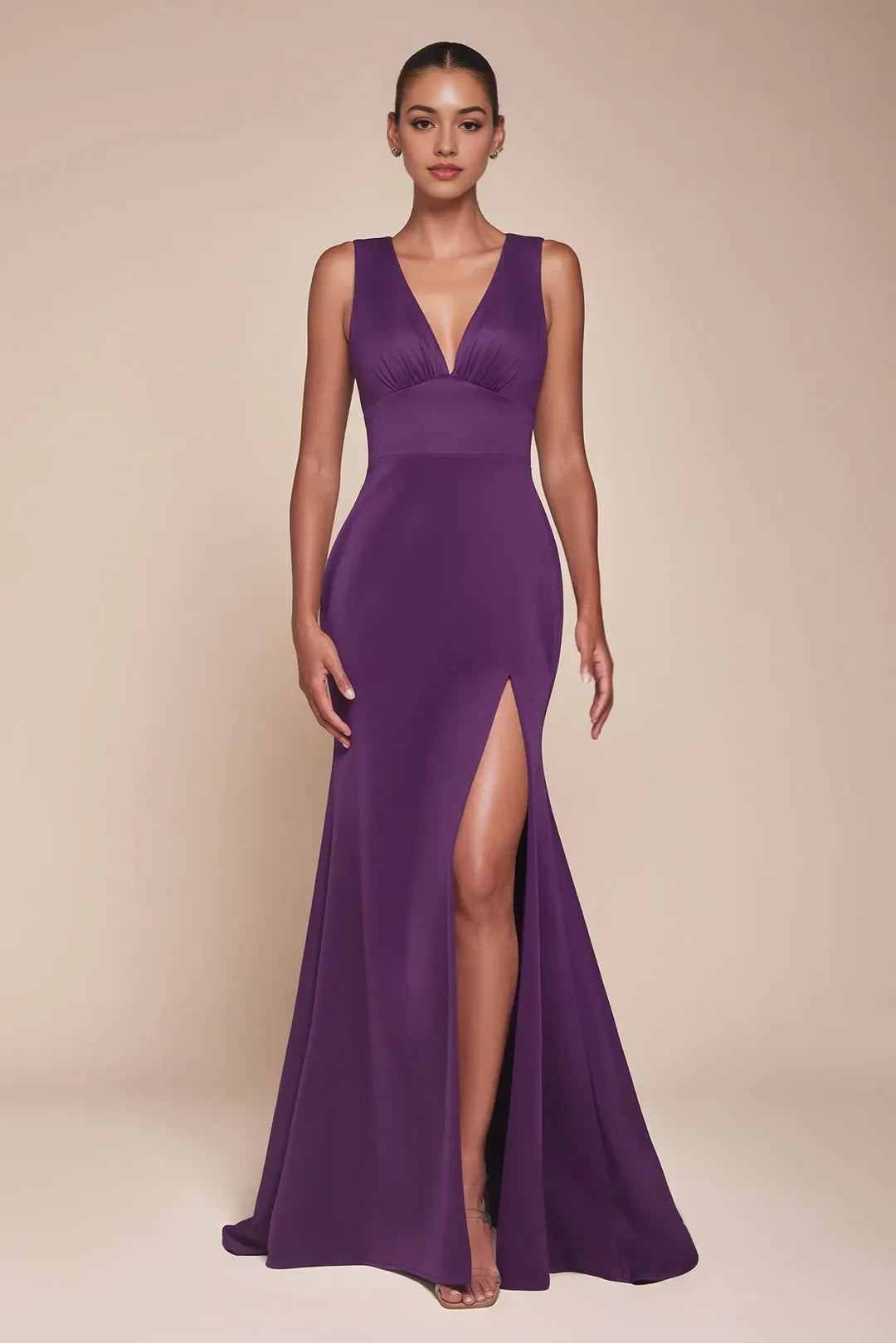 Elegant Burgundy Crepe Mermaid Prom Dress with Plunging V - Neck and High Side Slit for Formal Occasions