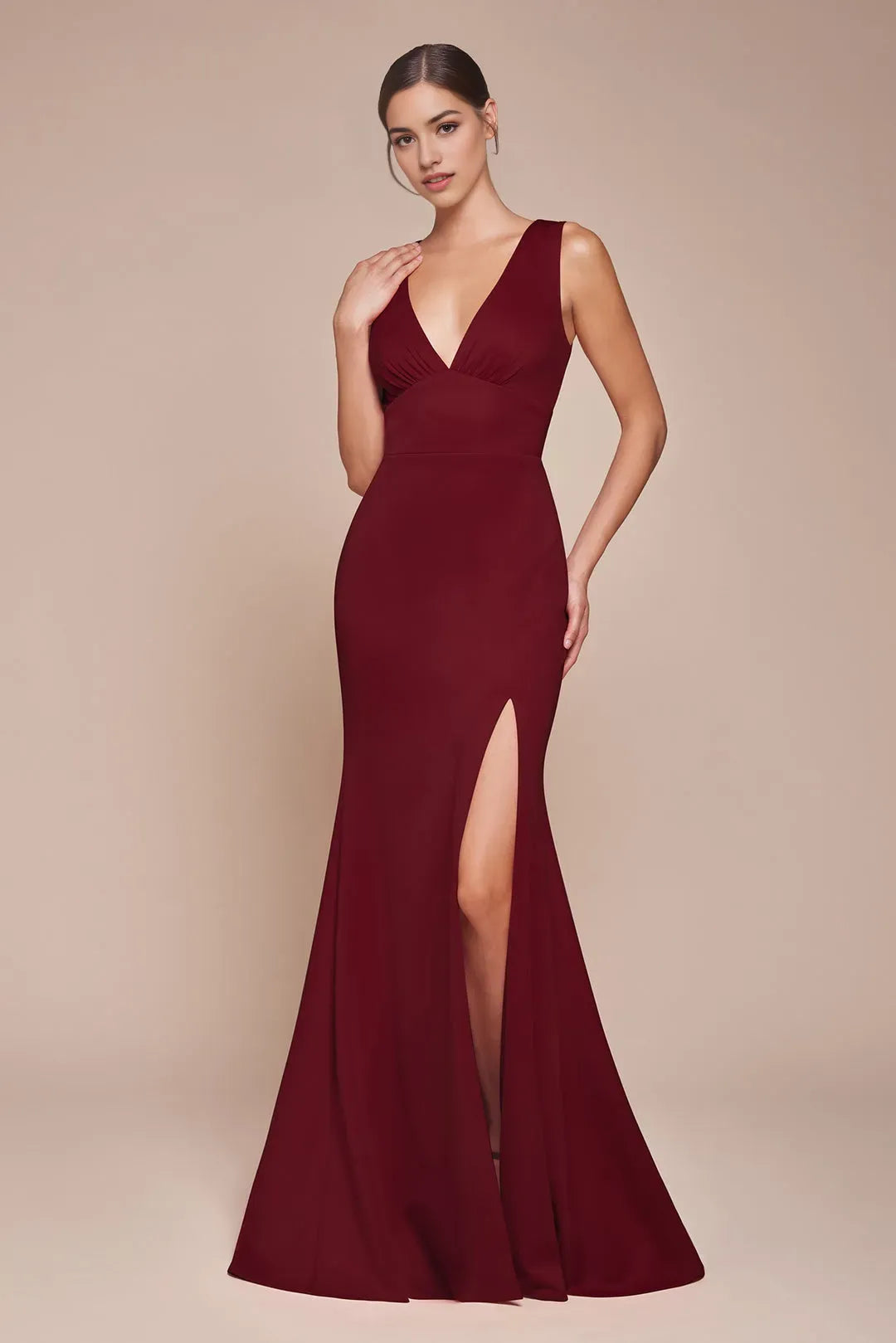 Elegant Burgundy Crepe Mermaid Prom Dress with Plunging V - Neck and High Side Slit for Formal Occasions