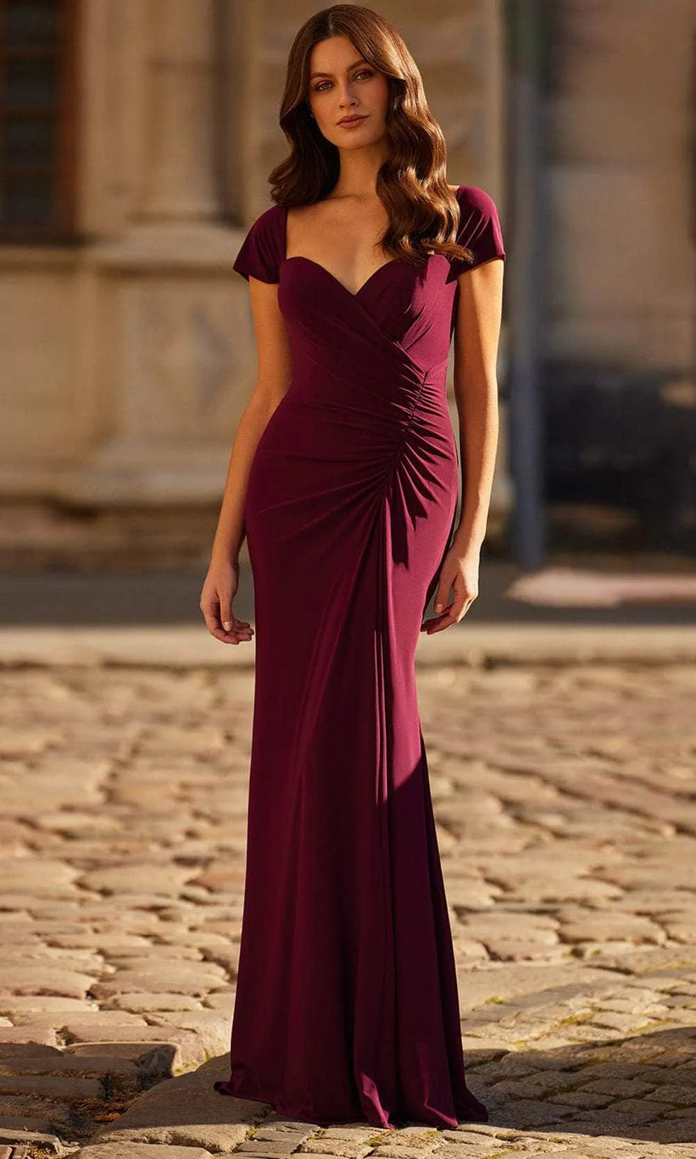 Elegant Burgundy Evening Gown featuring Cap Sleeves Sweetheart Neckline and Ruched Design to Elevate Your Night