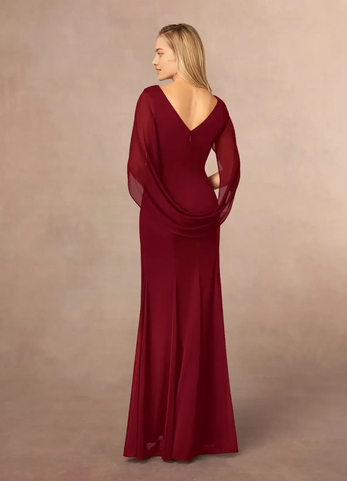 Elegant Burgundy Mermaid Scoop Pleated Mesh Boat Neckline, Chiffon Cape Sleeves, Ruched Bodice Floor Length Mermaid Skirt