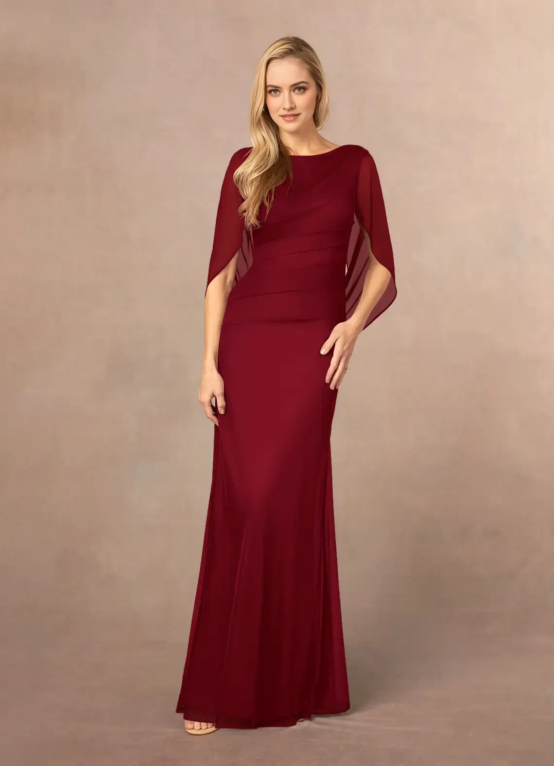 Elegant Burgundy Mermaid Scoop Pleated Mesh Boat Neckline, Chiffon Cape Sleeves, Ruched Bodice Floor Length Mermaid Skirt