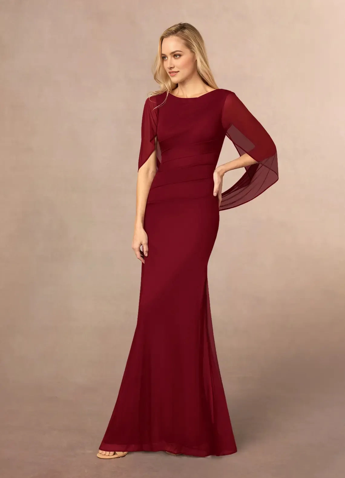 Elegant Burgundy Mermaid Scoop Pleated Mesh Boat Neckline, Chiffon Cape Sleeves, Ruched Bodice Floor Length Mermaid Skirt
