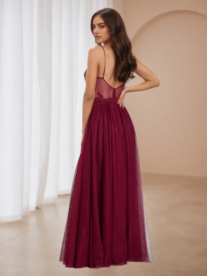 Elegant Burgundy Prom Dress Spaghetti Straps Sheer Lace Bodice Tulle Skirt for Enchanting Events
