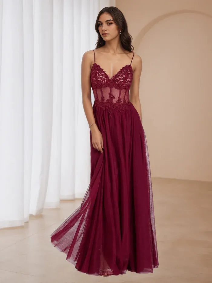 Elegant Burgundy Prom Dress Spaghetti Straps Sheer Lace Bodice Tulle Skirt for Enchanting Events