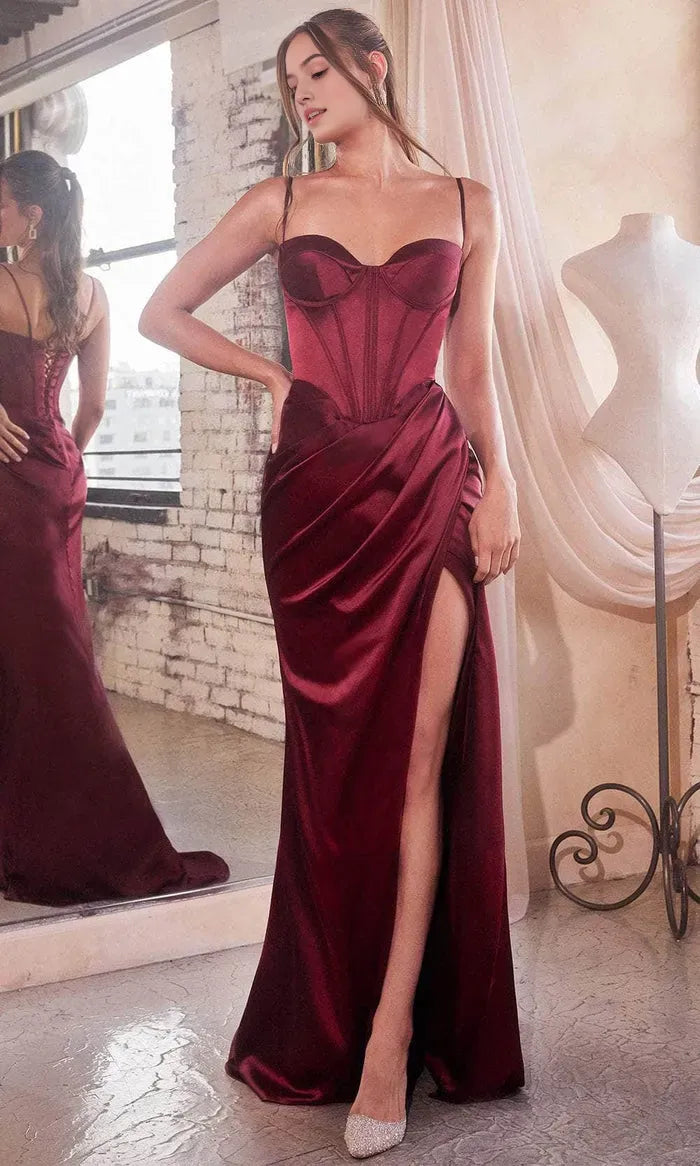 Elegant Burgundy SatinEvening Dresses with Corset Bodice Draped Skirt and High Side Slit  A Luxurious Choice for Formal Galas Black Tie Weddings and Red  Carpet Events