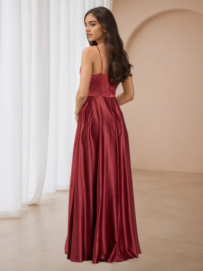 Elegant Burgundy Satin Prom Gown  Spaghetti Straps Cowl Neckline Side Slit