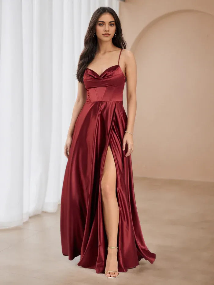 Elegant Burgundy Satin Prom Gown  Spaghetti Straps Cowl Neckline Side Slit
