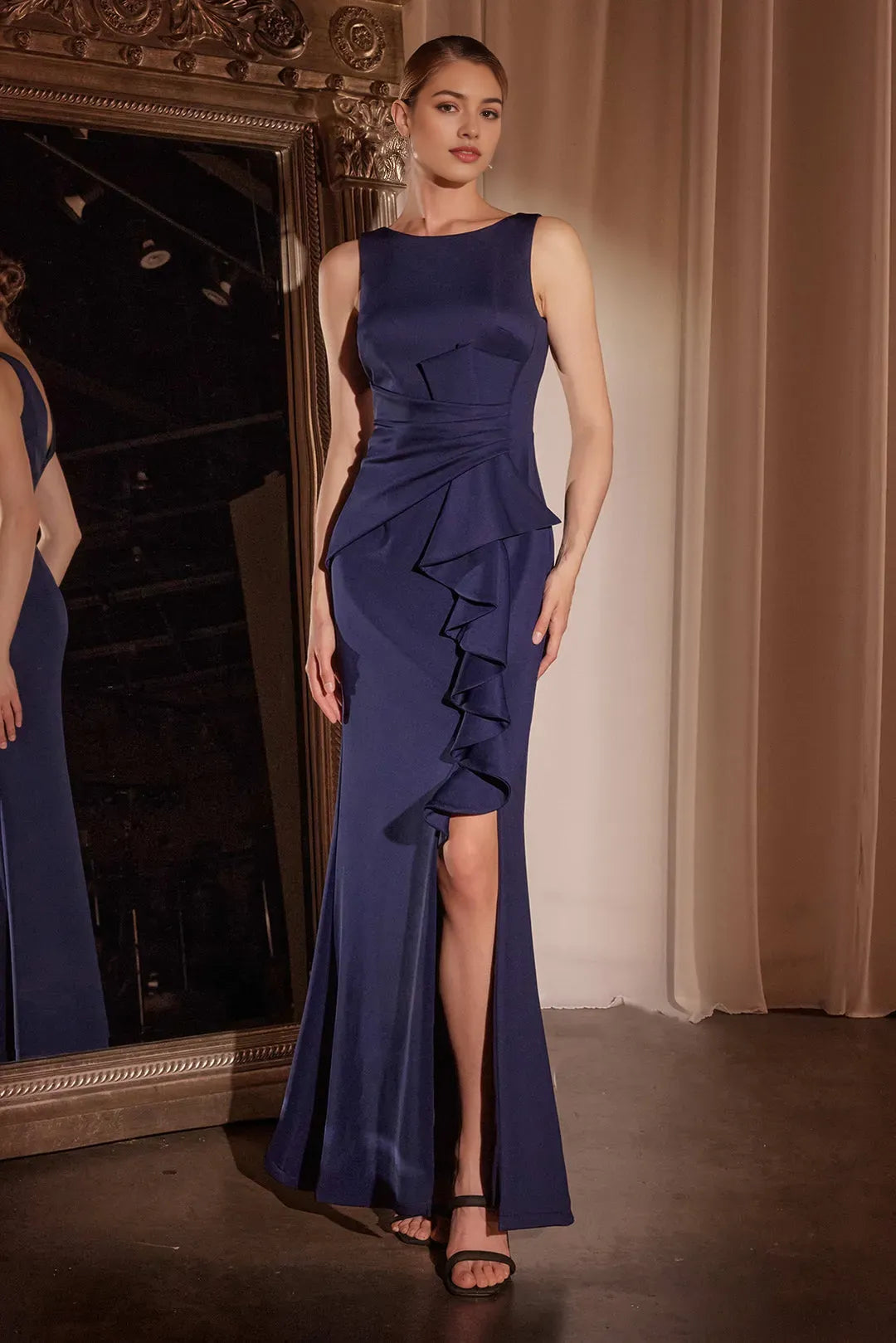 Elegant Burgundy Satin Prom Gown with Asymmetric Ruffles and High Side Slit  A Timeless Statement for Formal Affairs