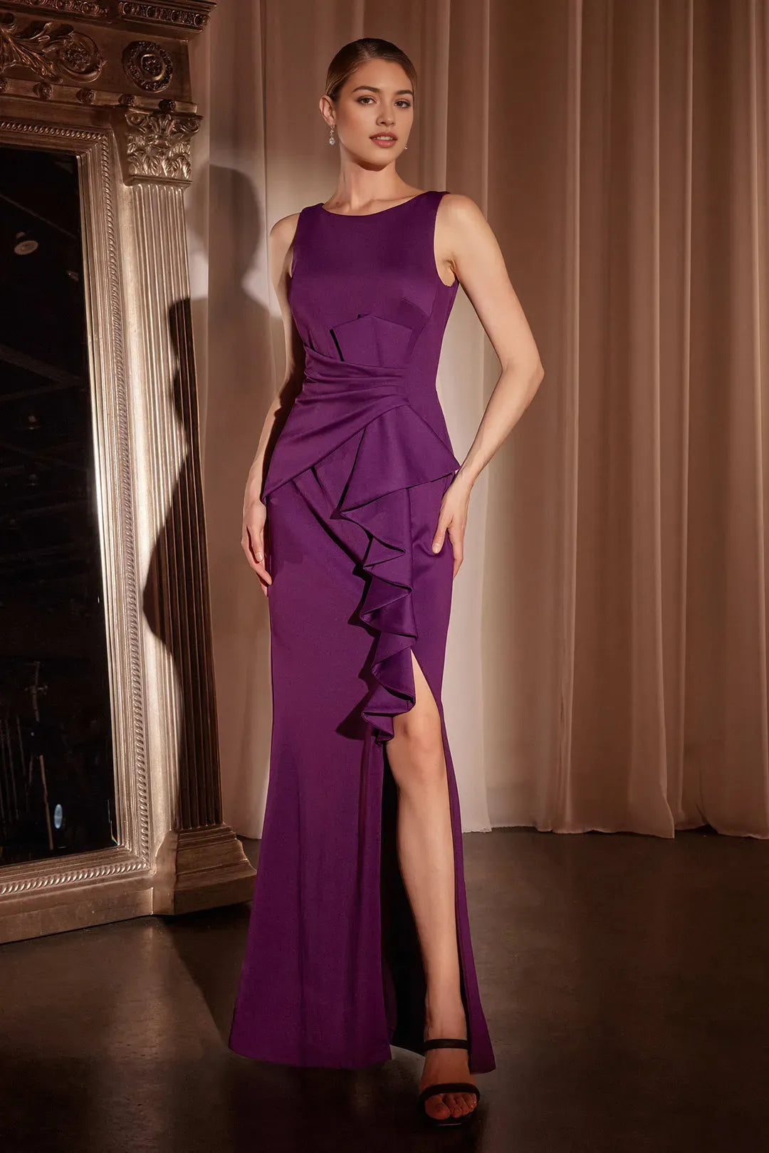Elegant Burgundy Satin Prom Gown with Asymmetric Ruffles and High Side Slit  A Timeless Statement for Formal Affairs