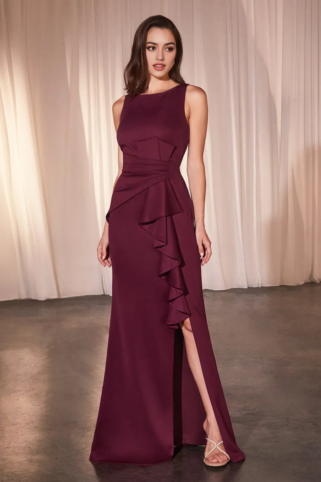 Elegant Burgundy Satin Prom Gown with Asymmetric Ruffles and High Side Slit  A Timeless Statement for Formal Affairs