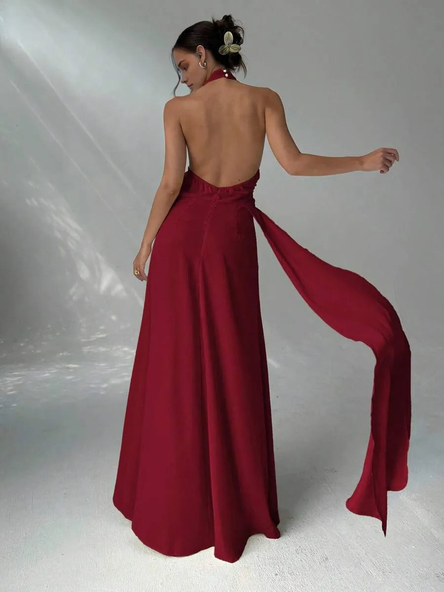 Elegant Burgundy Sheath Halter Neck Sleeveless Open-Back Floor-Length Slit Drape-Detail Chiffon Prom Dress