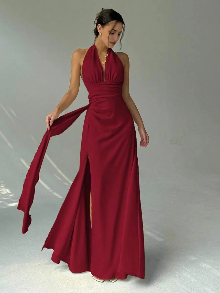 Elegant Burgundy Sheath Halter Neck Sleeveless Open-Back Floor-Length Slit Drape-Detail Chiffon Prom Dress