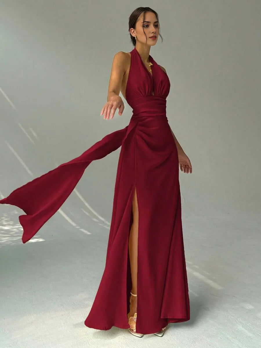 Elegant Burgundy Sheath Halter Neck Sleeveless Open-Back Floor-Length Slit Drape-Detail Chiffon Prom Dress