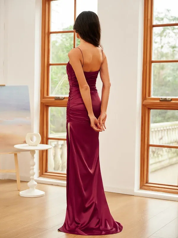 Elegant Burgundy Sheath Square Neck Spaghetti Strap Back Zip Floor-Length Ruched Satin Prom Dresses with High Slit