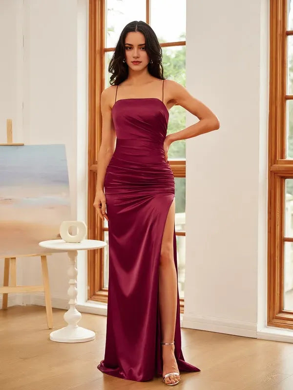 Elegant Burgundy Sheath Square Neck Spaghetti Strap Back Zip Floor-Length Ruched Satin Prom Dresses with High Slit