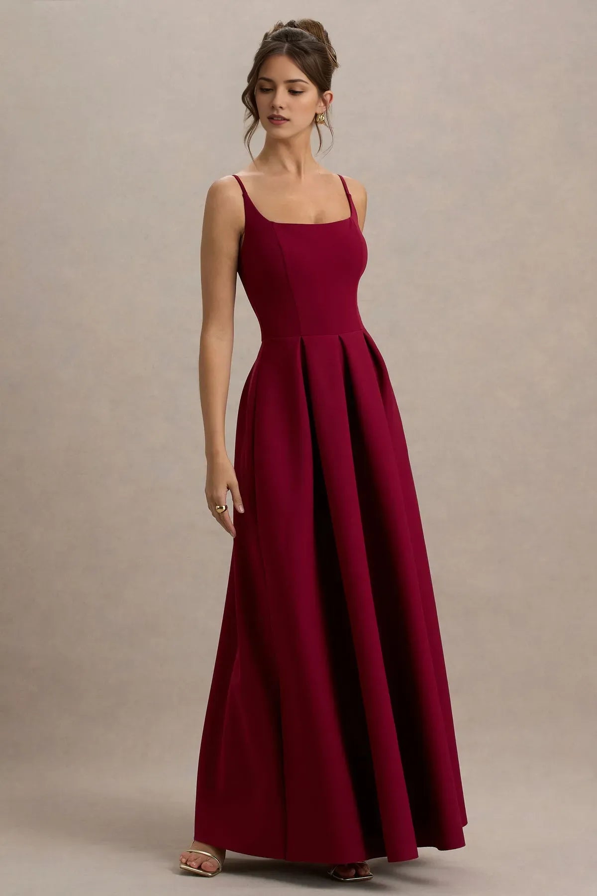 Elegant Burgundy Square Neck Ball Gown with Pleated Skirt for Prom Dresses