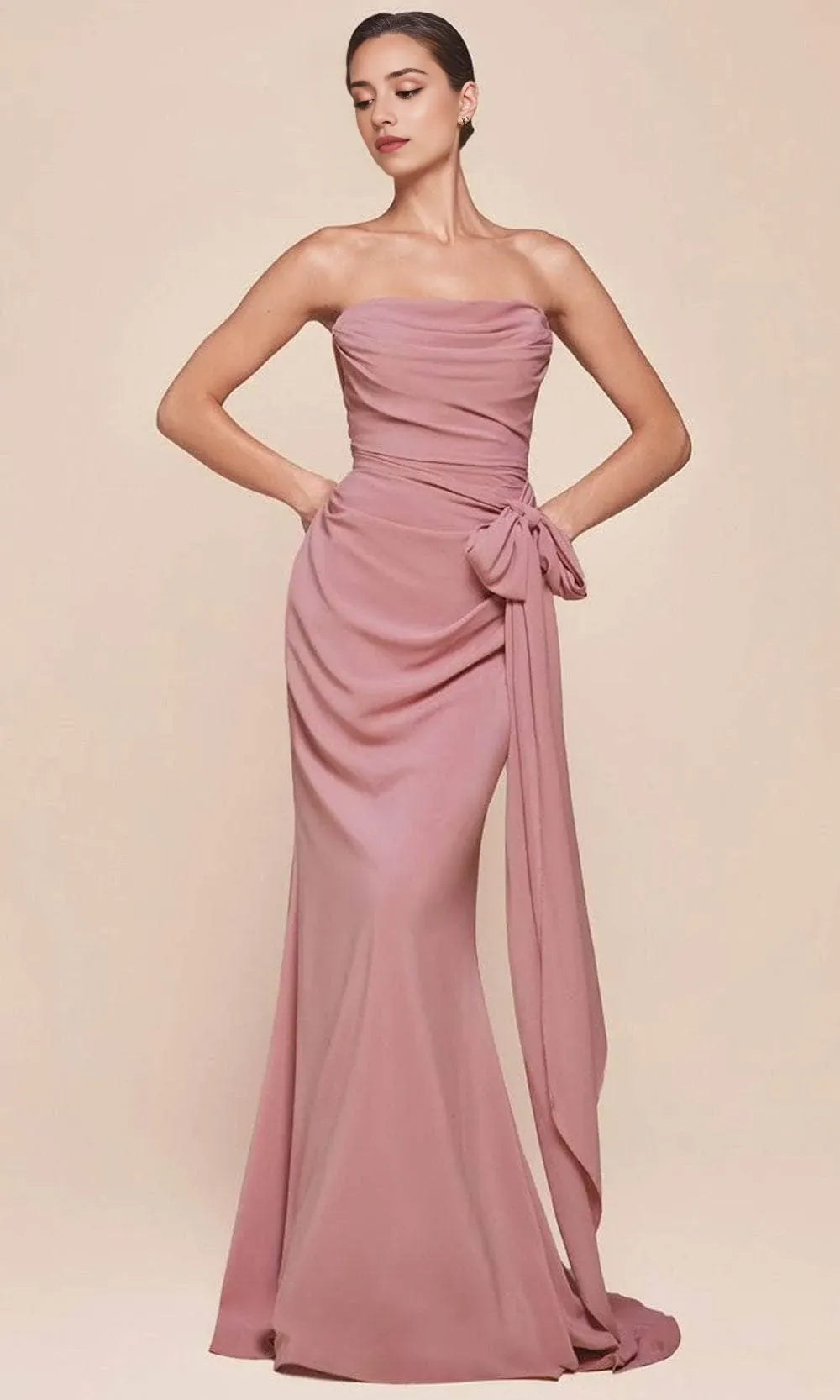 Elegant Burgundy Strapless Draped Evening Gown with Asymmetric Sleeves Perfect for Proms & Formal Balls