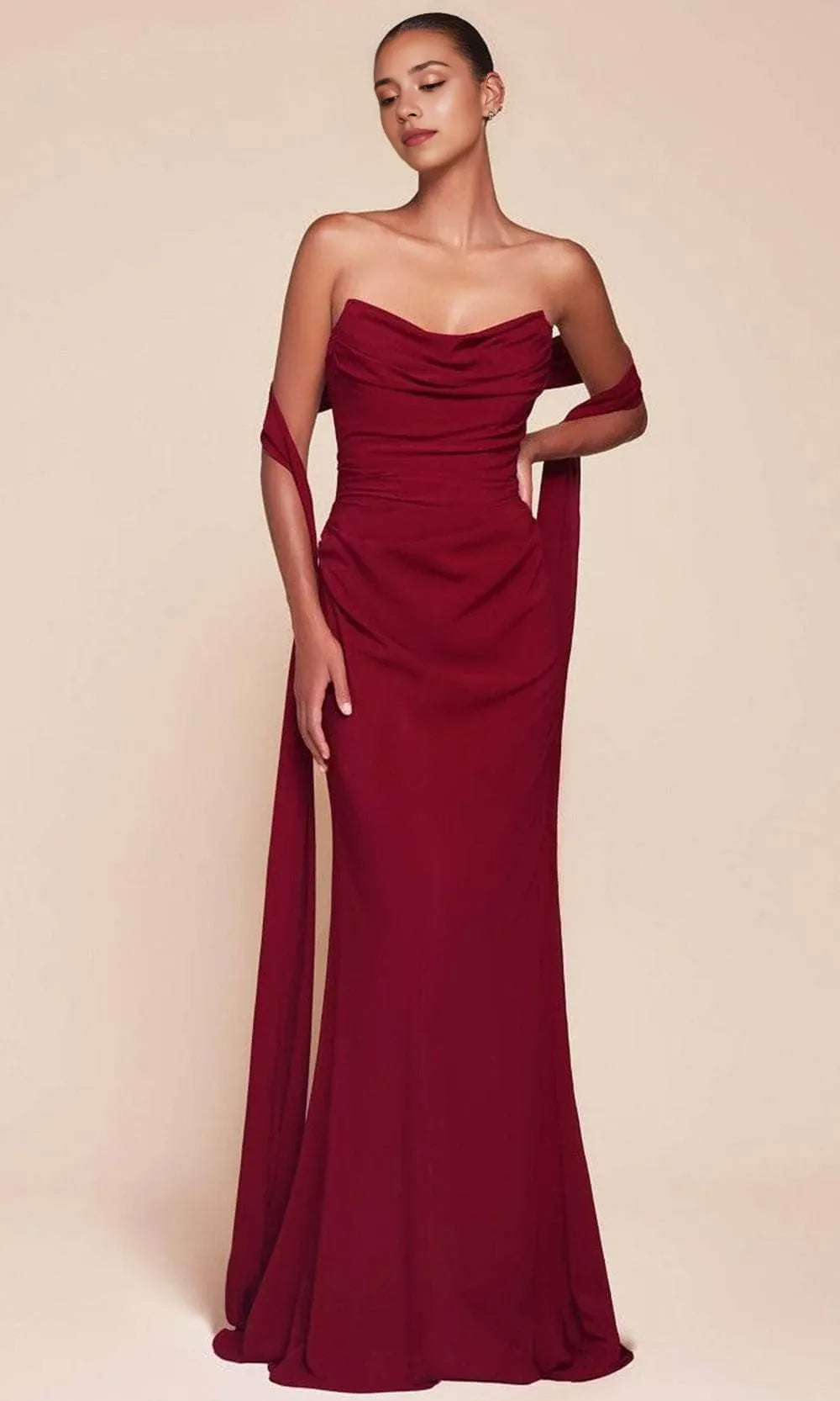 Elegant Burgundy Strapless Draped Evening Gown with Asymmetric Sleeves Perfect for Proms & Formal Balls