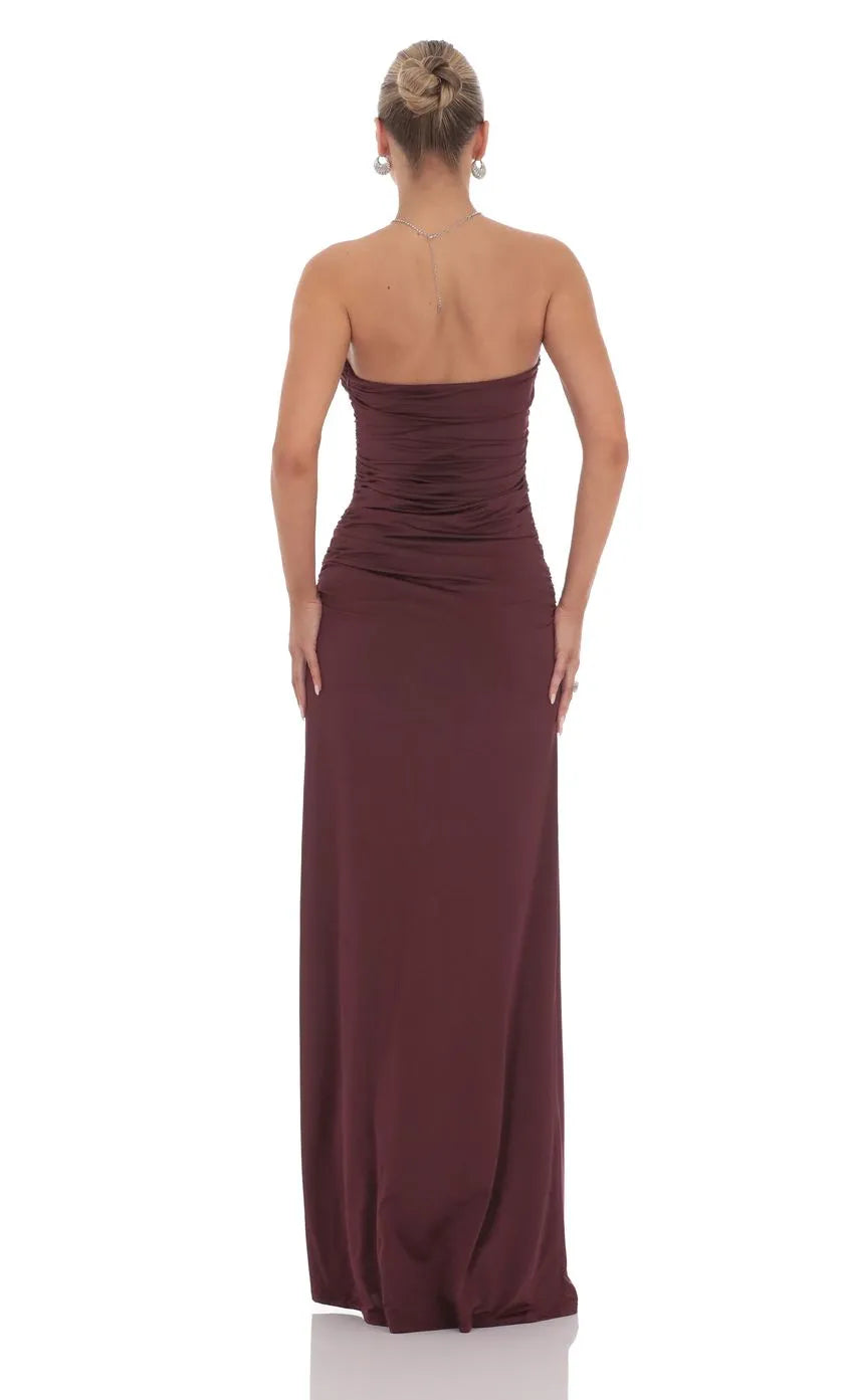 Elegant Burgundy Strapless Prom Dress Ruched Bodice Keyhole Neckline Floor Length Silhouette Shine at Prom Night