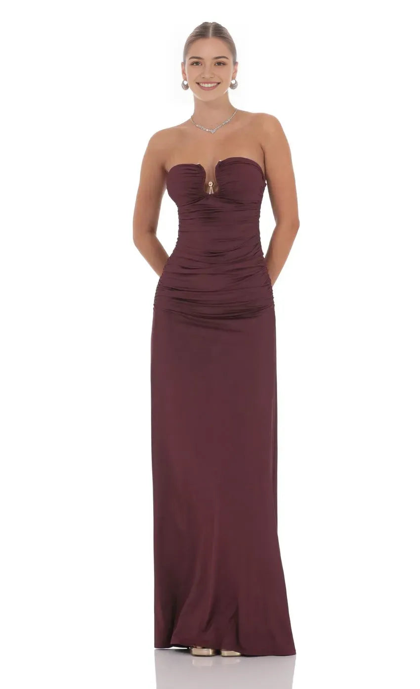 Elegant Burgundy Strapless Prom Dress Ruched Bodice Keyhole Neckline Floor Length Silhouette Shine at Prom Night