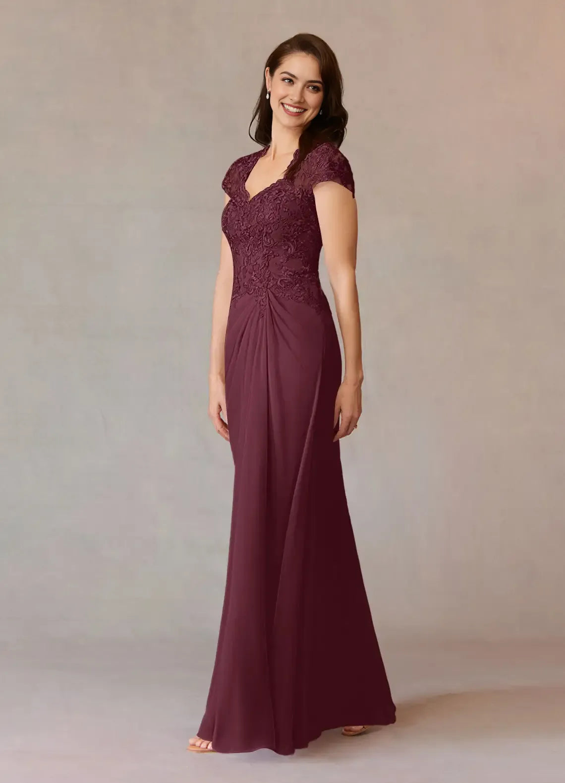 Elegant Cabernet A-Line Lace Chiffon Mother of the Bride Dress V - Neck Sheer Cap Sleeves Embroidered Bodice Draped Ruched Detailing