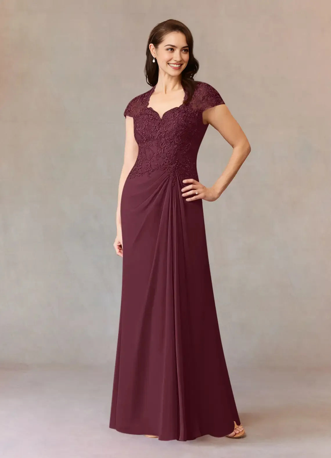 Elegant Cabernet A-Line Lace Chiffon Mother of the Bride Dress V - Neck Sheer Cap Sleeves Embroidered Bodice Draped Ruched Detailing