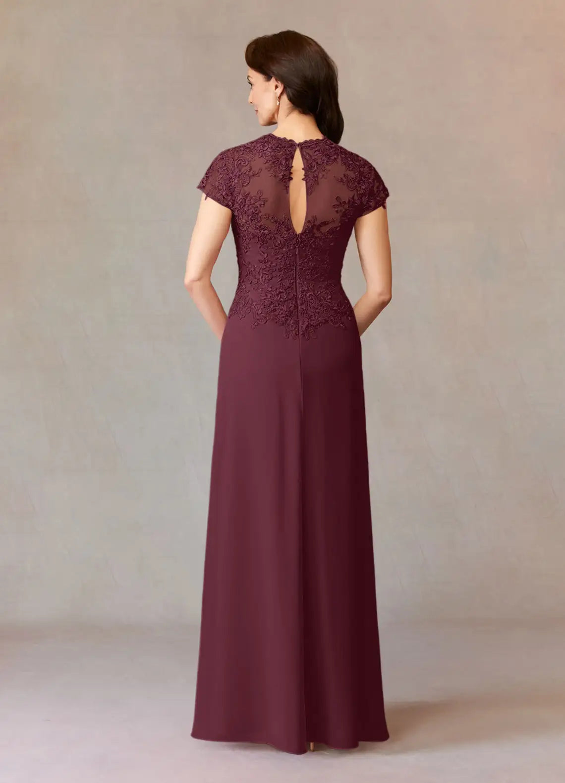 Elegant Cabernet A-Line Lace Chiffon Mother of the Bride Dress V - Neck Sheer Cap Sleeves Embroidered Bodice Draped Ruched Detailing