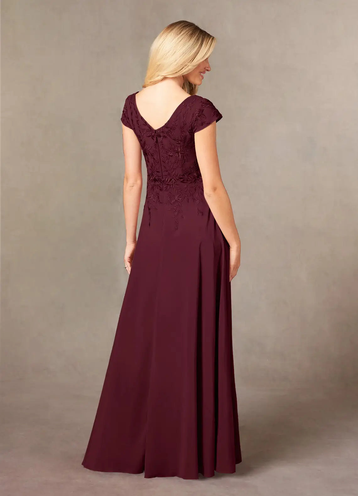 Elegant Cabernet A-Line Lace Mother of the Bride Dress with V - Neckline Embroidered Bodice Cap Sleeves