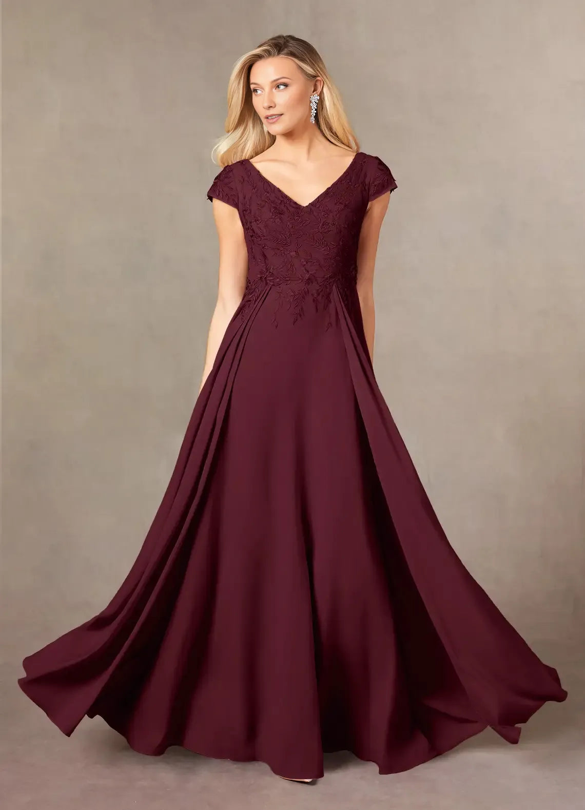 Elegant Cabernet A-Line Lace Mother of the Bride Dress with V - Neckline Embroidered Bodice Cap Sleeves