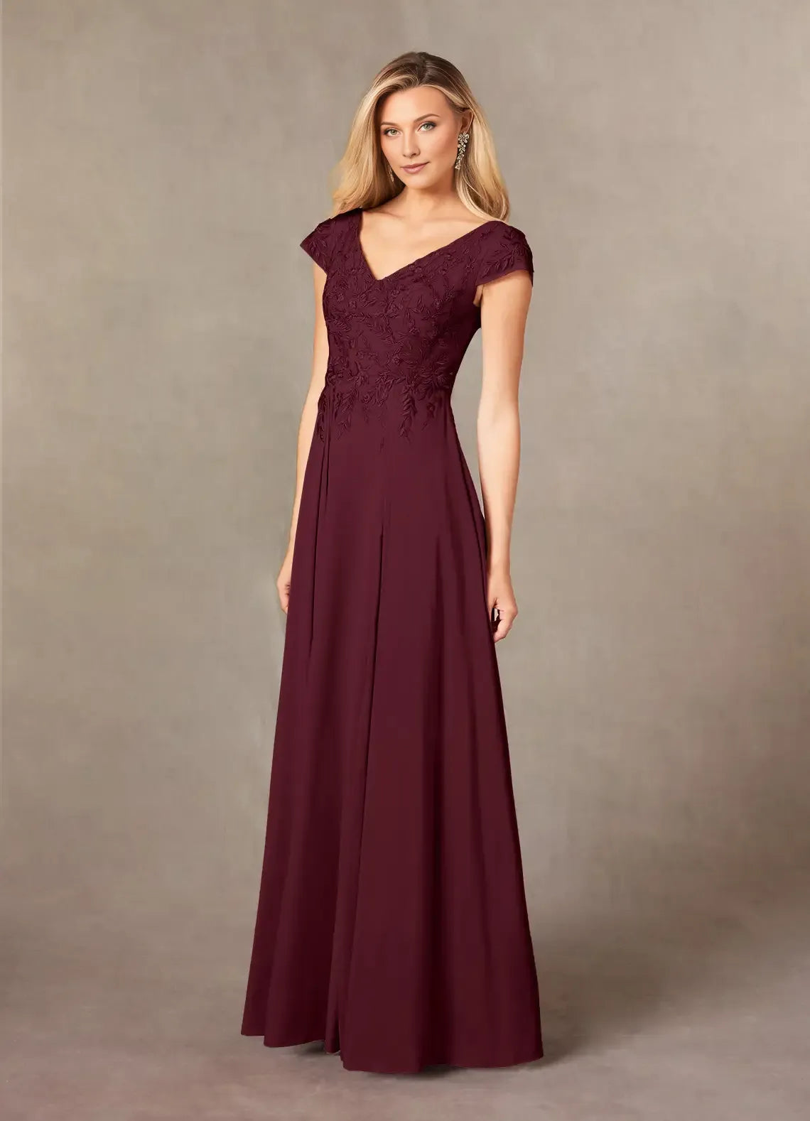 Elegant Cabernet A-Line Lace Mother of the Bride Dress with V - Neckline Embroidered Bodice Cap Sleeves