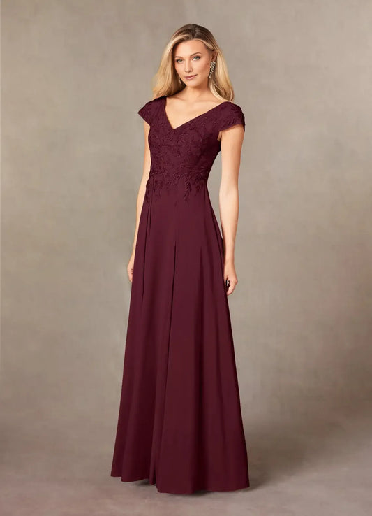 Elegant Cabernet A-Line Lace Mother of the Bride Dress with V - Neckline Embroidered Bodice Cap Sleeves