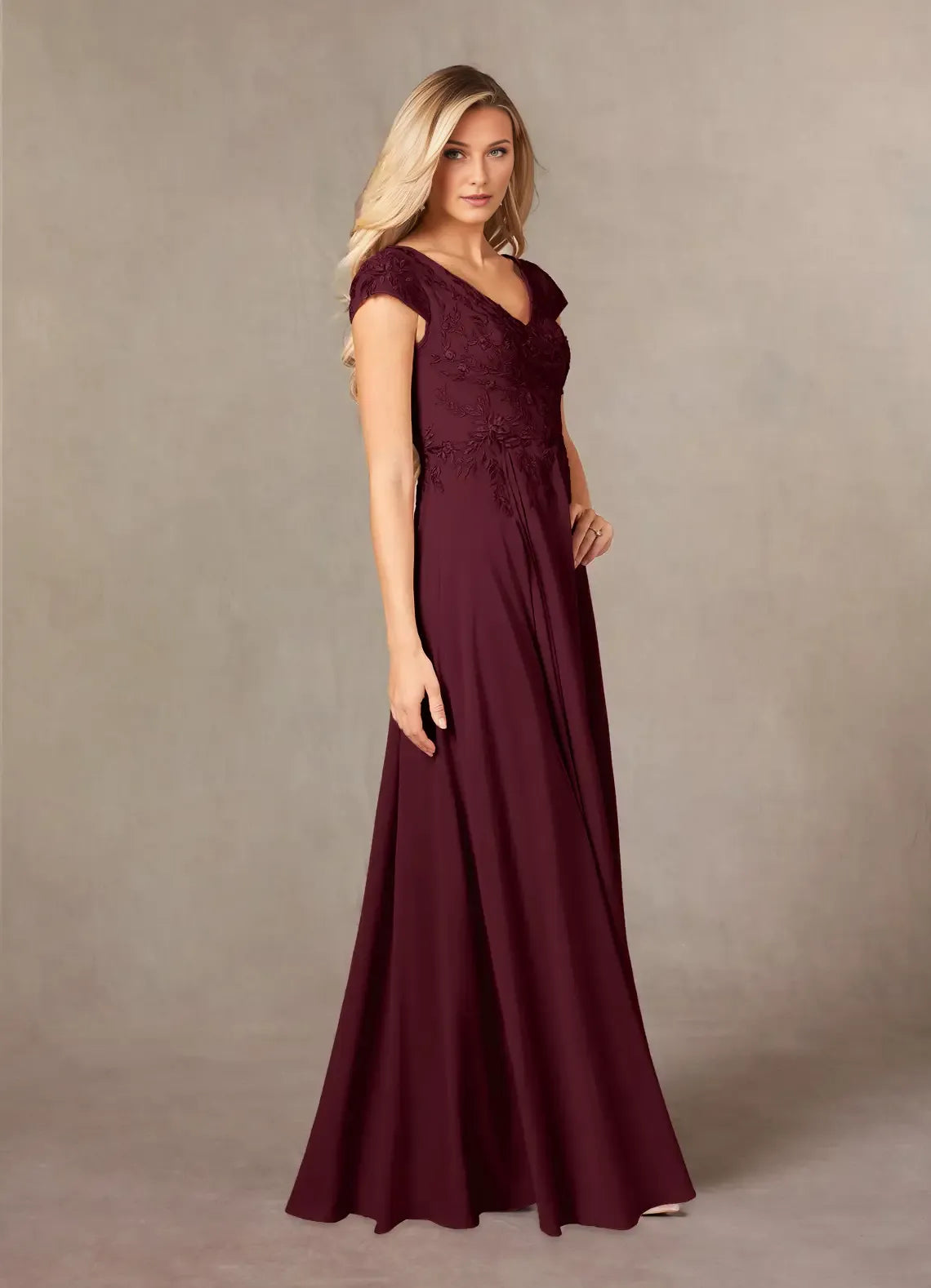 Elegant Cabernet A-Line Lace Mother of the Bride Dress with V - Neckline Embroidered Bodice Cap Sleeves