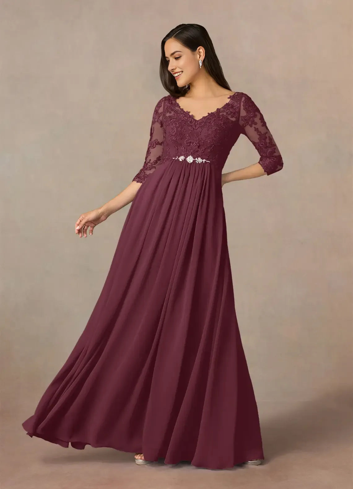 Elegant Cabernet A-Line V-Neck Lace Chiffon Mother of the Bride Dress with Embroidered Bodice Sleeveless Sheer Top High Slit Ruched Skirt