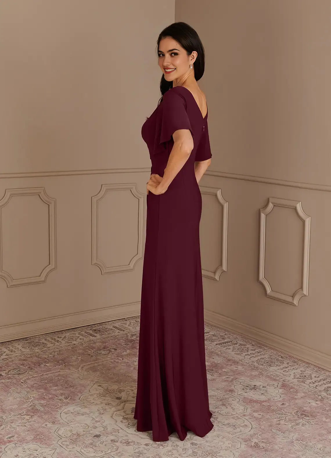 Elegant Cabernet Mermaid Boatneck Pleated Luxe Knit Mother of the Bride Dress Boat Neckline Flutter Chiffon Sleeves Ruched Bodice with Rhinestone