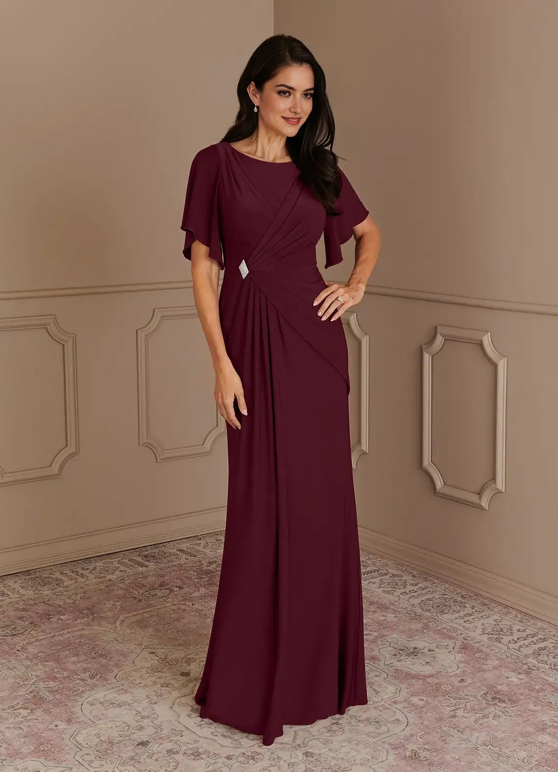 Elegant Cabernet Mermaid Boatneck Pleated Luxe Knit Mother of the Bride Dress Boat Neckline Flutter Chiffon Sleeves Ruched Bodice with Rhinestone