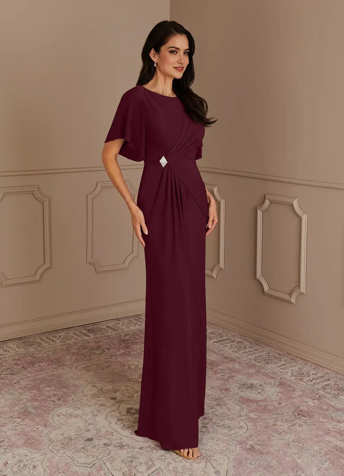 Elegant Cabernet Mermaid Boatneck Pleated Luxe Knit Mother of the Bride Dress Boat Neckline Flutter Chiffon Sleeves Ruched Bodice with Rhinestone