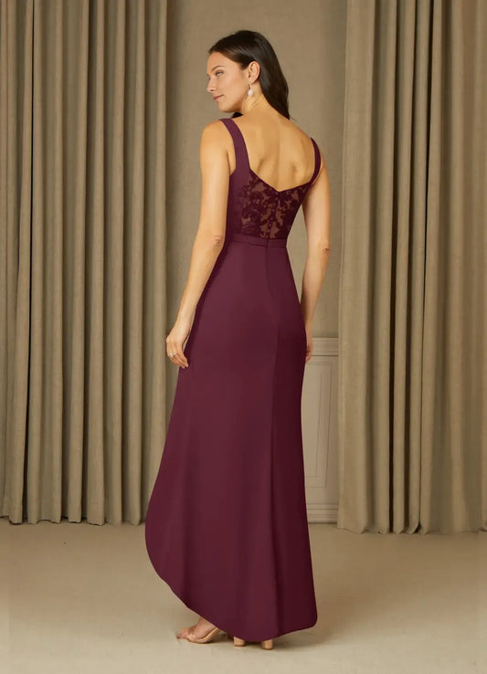 Elegant Cabernet Mermaid Lace Chiffon Mother of the Bride Dress with V - Neckline Sleeveless Design Ruched Bodice Asymmetric High Low Hem and Side Slit
