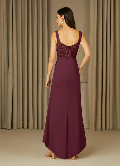 Elegant Cabernet Mermaid Lace Chiffon Mother of the Bride Dress with V - Neckline Sleeveless Design Ruched Bodice Asymmetric High Low Hem and Side Slit
