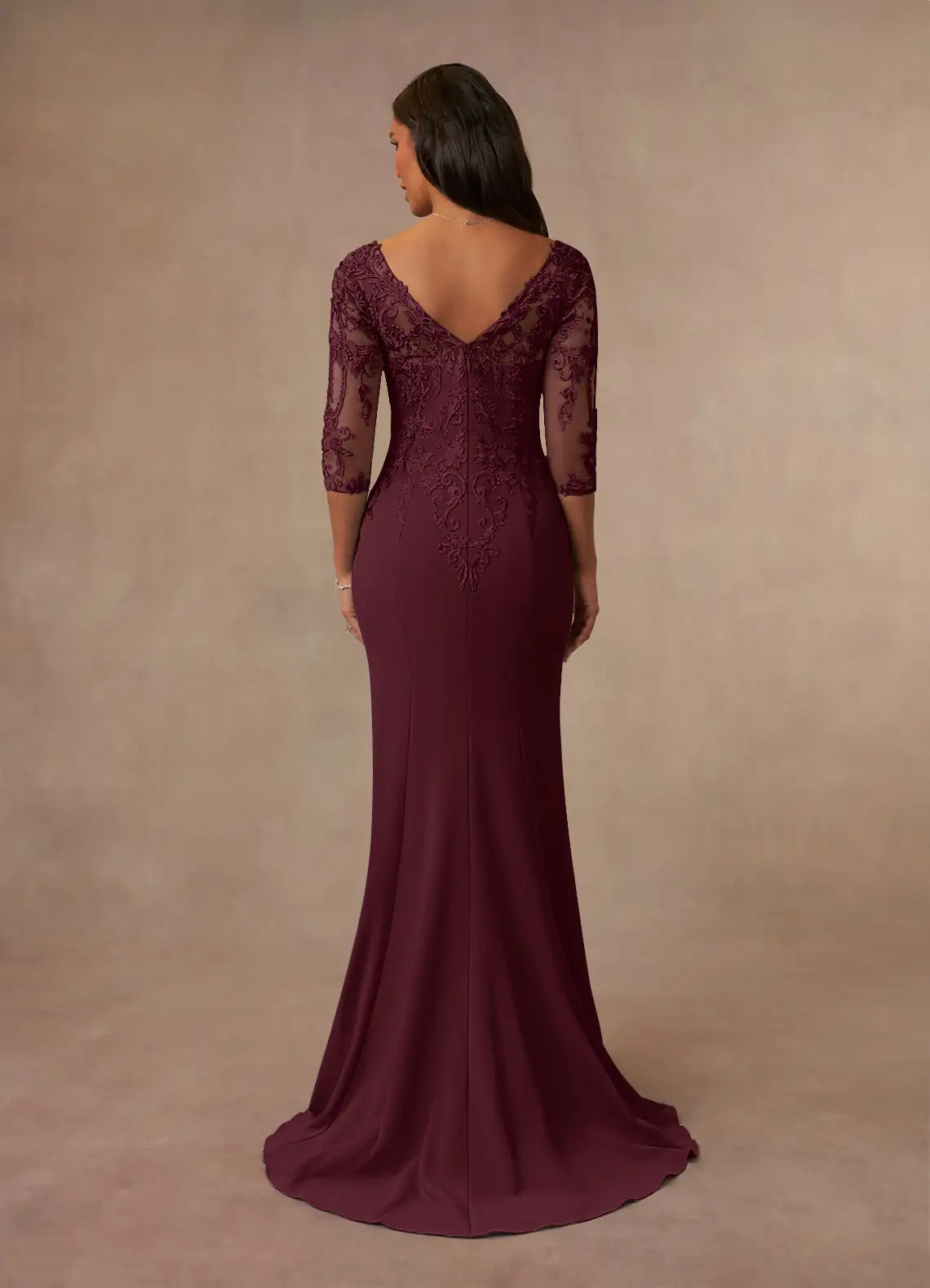 Elegant Cabernet Mermaid Lace Mother of the Bride Dress with Illusion Sleeves V - Neckline and Embroidered Appliqués