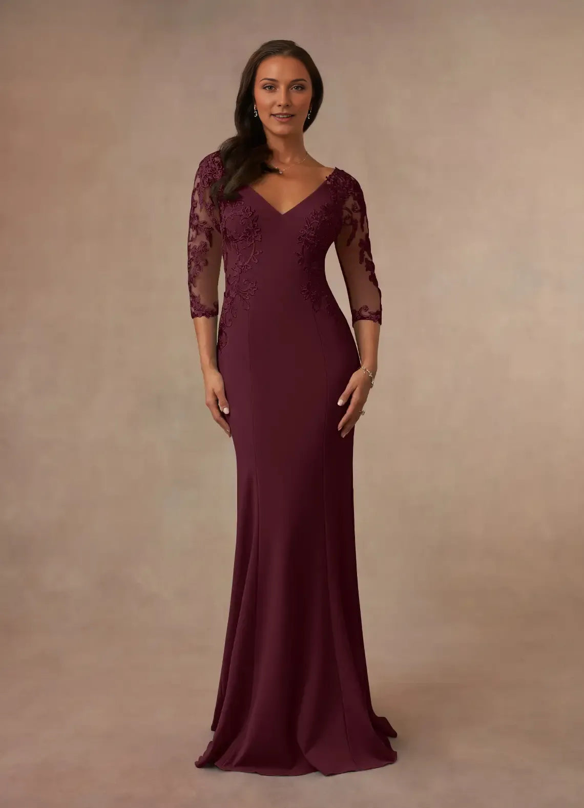 Elegant Cabernet Mermaid Lace Mother of the Bride Dress with Illusion Sleeves V - Neckline and Embroidered Appliqués