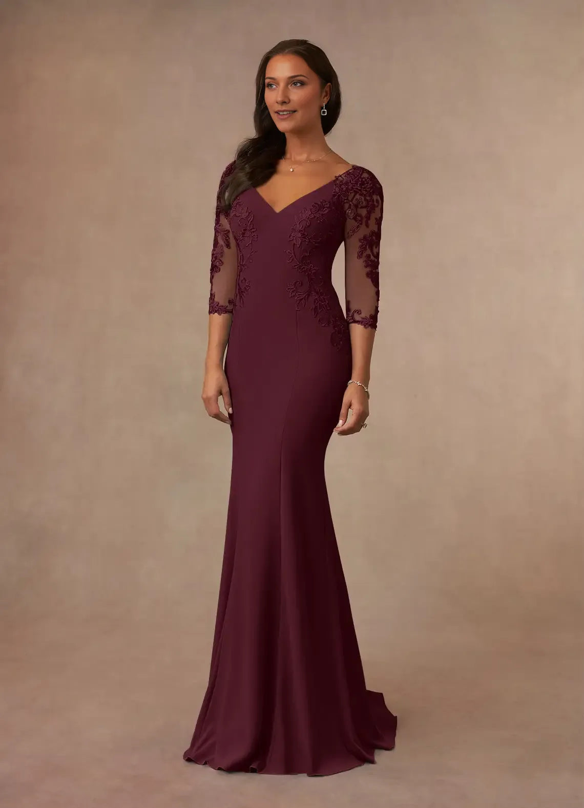 Elegant Cabernet Mermaid Lace Mother of the Bride Dress with Illusion Sleeves V - Neckline and Embroidered Appliqués